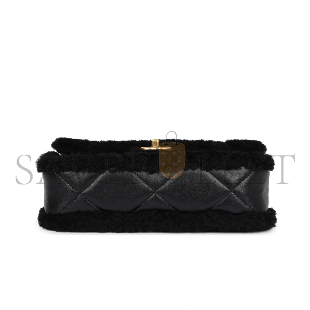 Ch*el medium shearling flap bag black lambskin brushed gold hardware (23.5*16*7.5cm)